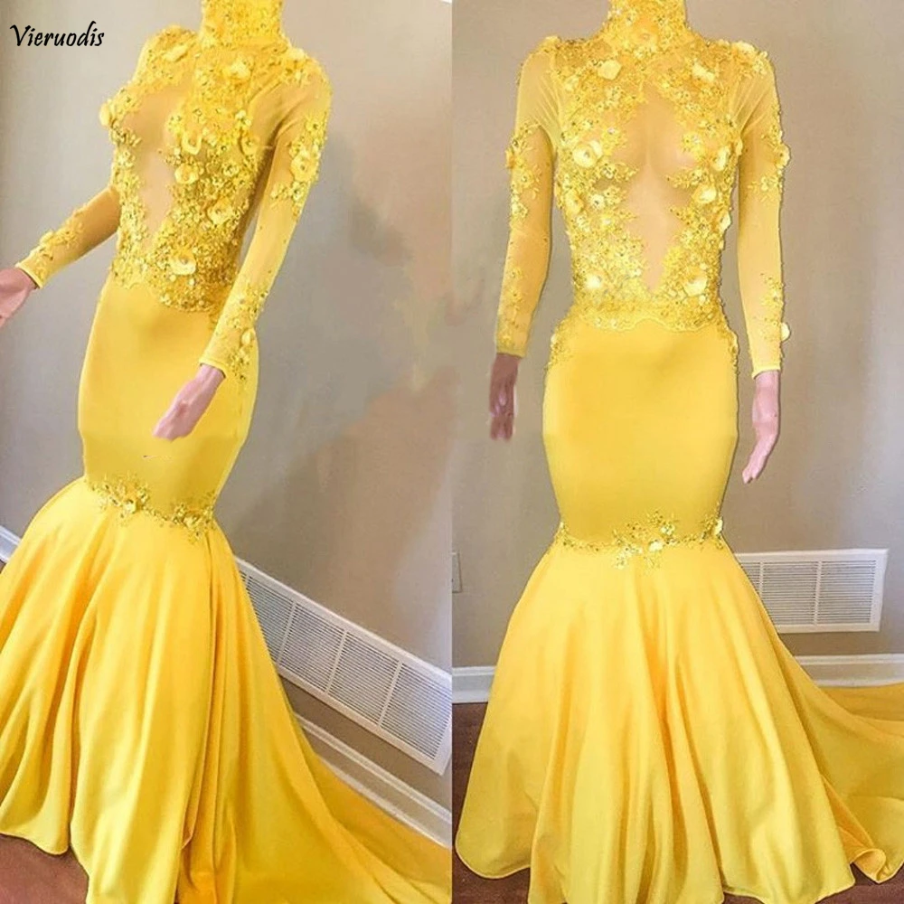 122-1          Yellow Long Evening Dress 2019 New High Neck Long Sleeve Illusion Bodice Lace Flowers Prom Dresses Evening Gown Robe de soiree
