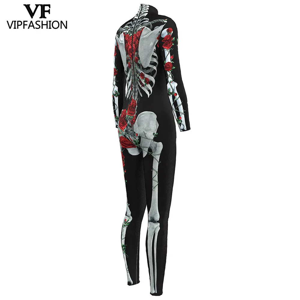 VIP FASHION Skeleton Rose Print Long-Sleeved Clothes Halloween Costumes For Women Purim Carnival Catsuit Bodysuit