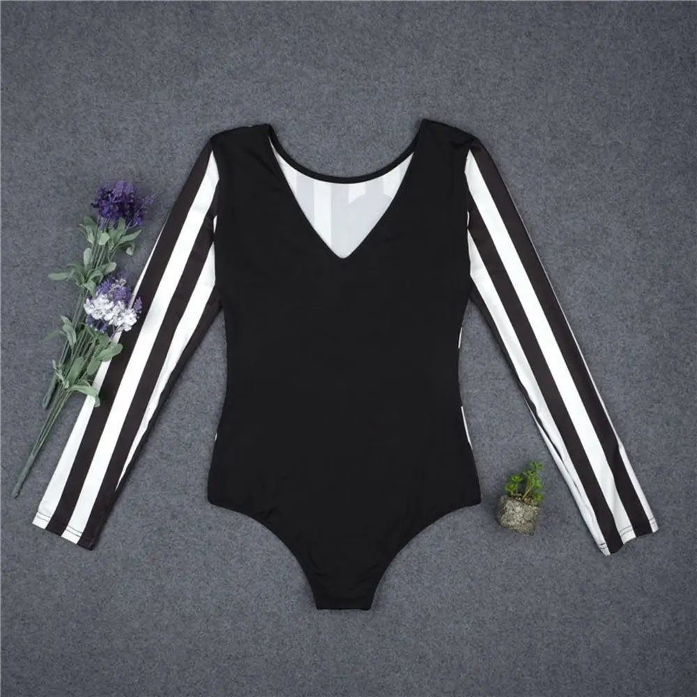 2018 Bodycon Slim Cute Cartoon Mouse Printed Long Sleeve Bodysuit Round Neck Autumn Tops Striped Jumpsuits Overalls Romper 