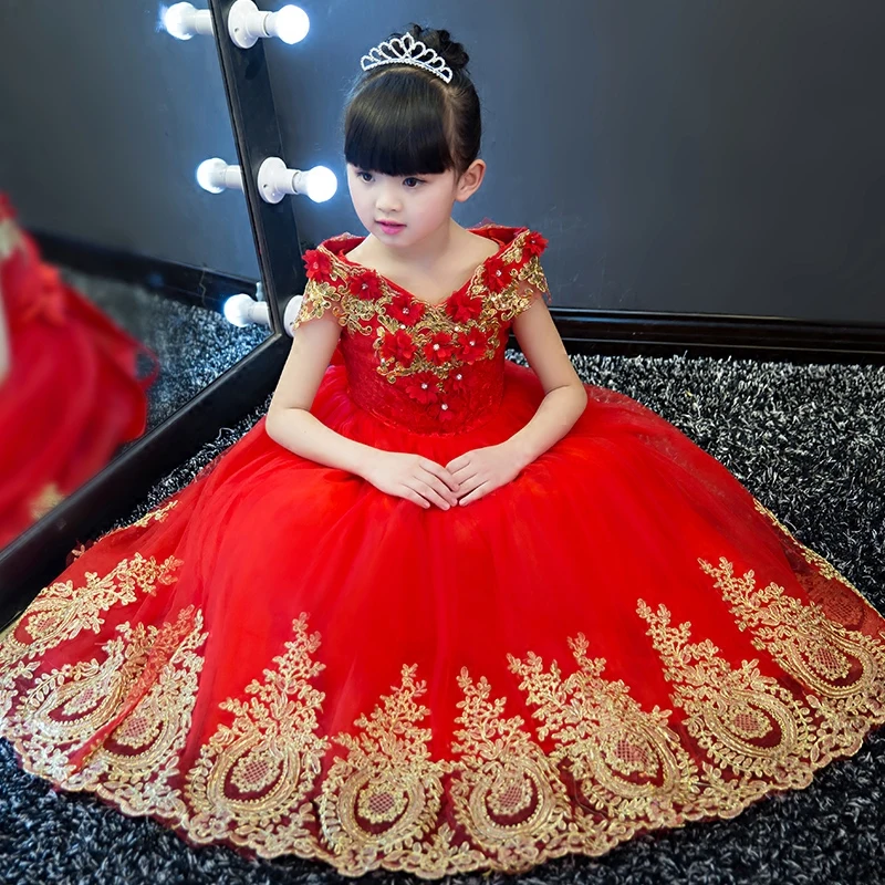 Платья с цветочной аппликацией и блестками для девочек; Свадебное бальное платье с v-образным вырезом; длинное детское платье; вечернее платье-пачка принцессы с цветочным рисунком для дня рождения