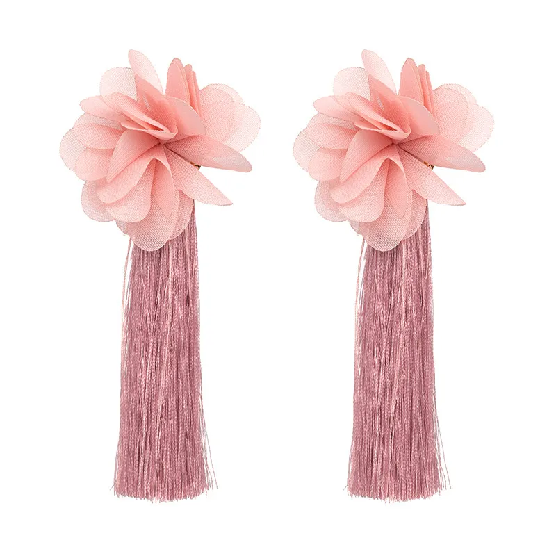 Трендовые летние корейские элегантные висячие серьги, длинные серьги с цветами и кисточками для женщин, ювелирные изделия, серьги - Окраска металла: Light pink
