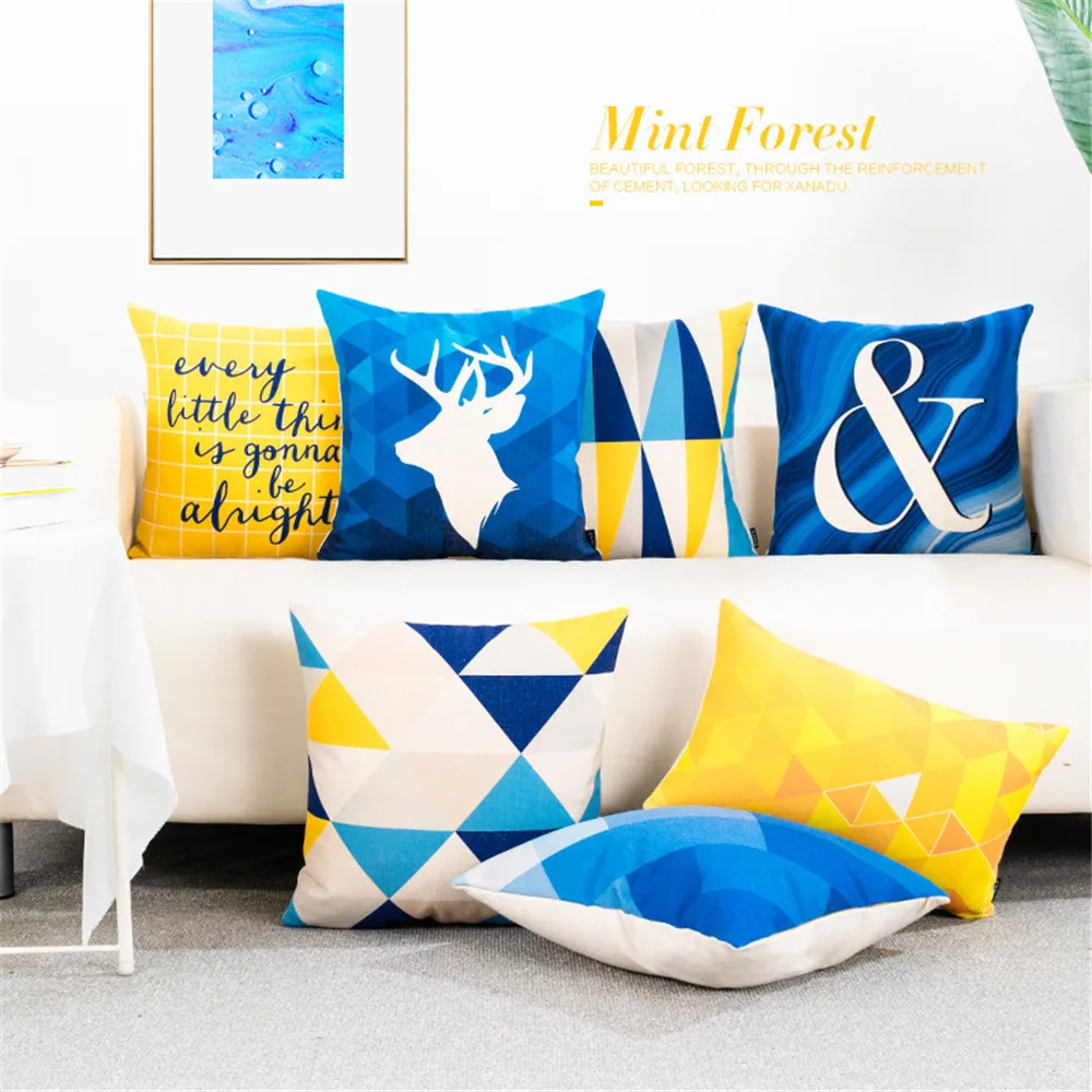 

Decorative Throw Pillow Case Geometric Yellow Blue Animals Deer Geometry Cushion Cover Lumbar Pillow Case Cover Cojines