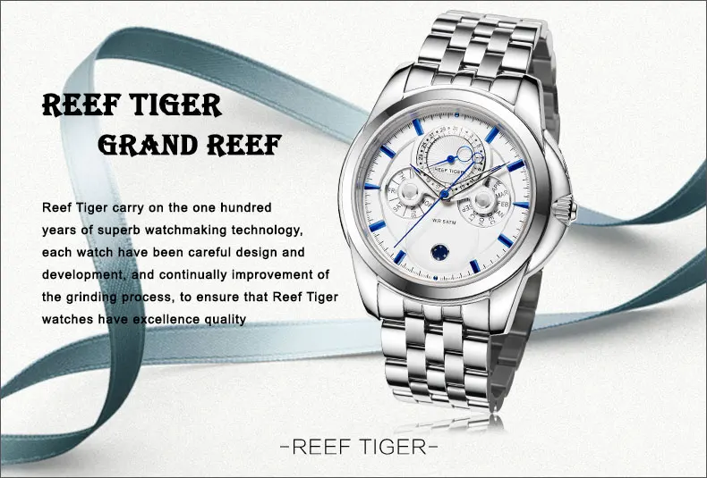 Reef Tiger/RT роскошные часы из розового золота мужские многофункциональные кварцевые часы с календарем и фазой Луны RGA830