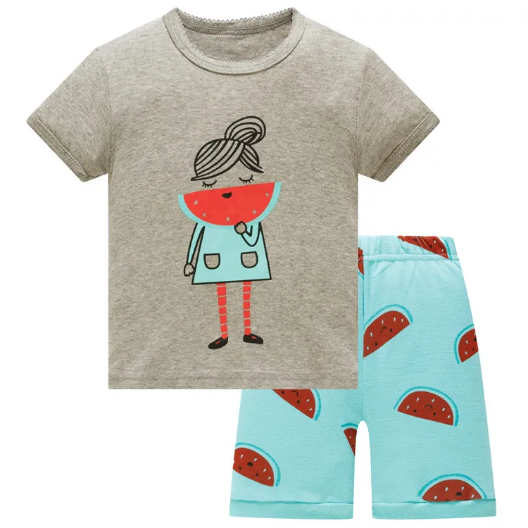 Пижамный комплект для маленьких детей; летняя детская хлопковая одежда для сна с короткими рукавами; пижамы с героями мультфильмов для девочек; Милая домашняя одежда для девочек; ночное белье для девочек - Цвет: 16