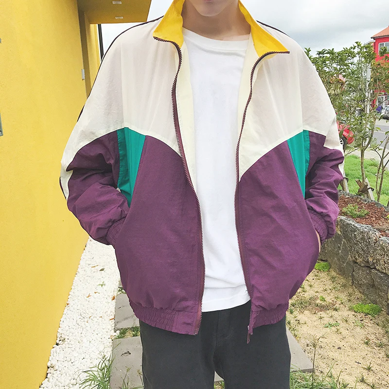 Retro Jackets Men Patchwork Color Pullover Jacket Zipper Tracksuit
