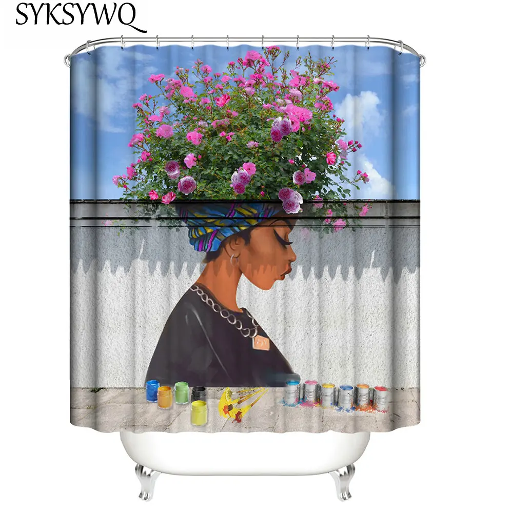 

Black Girl Shower Curtain Garden Flower Douchegordijn African American Bathroom Curtain Wall Painting African Women Bath Curtain