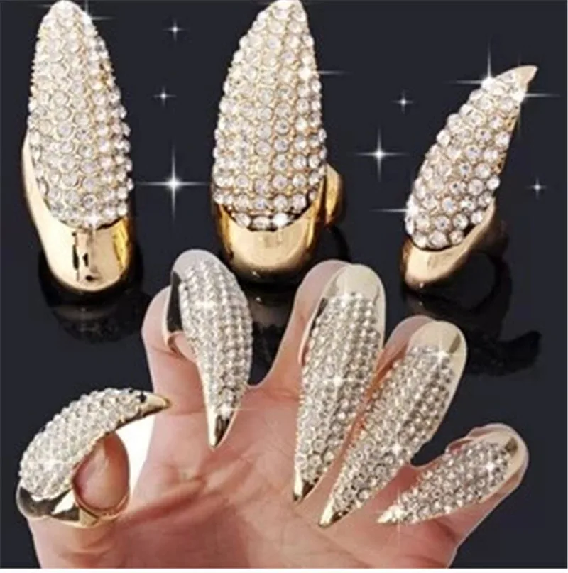 

SexeMara Fashion Stylish DIY Jewelry Punk Style Crystal Rhinestone Paved Paw Bend Fingertip Finger Claw Ring Fake False Nail