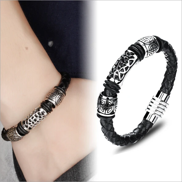 Cool Mens Bracelets 2017,Auspicious "SHOU" Word Leather Bracelet Men