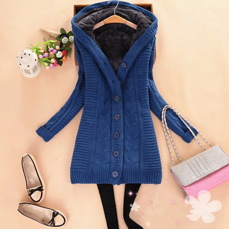 

Sweater Women Winter 2019 Solid Thickening Warm Sweaters Coat Hooded Mid-long Knitted Cardigans Hot Overcoats Female Y8006