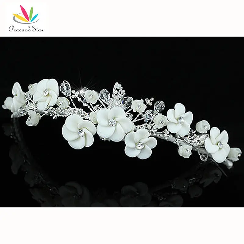 

Peacock Star Bridal Wedding Prom Handmade White Flower Ceramic Crystal Tiara CT1444