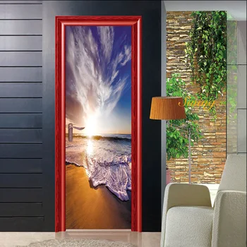 

2Pcs/set Sea Waterfall In Sunrise Art Picture Wallpaper Mural Wall Stickers Door Sticker Living Room Home Decoration ZB100