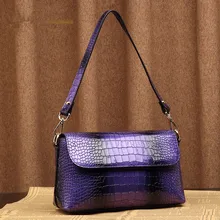 Фиолетовая женская сумка из натуральной кожи с узором «крокодиловая кожа», простая женская сумка на плечо из воловьей кожи, женская сумка через плечо, Большая~ 19B18