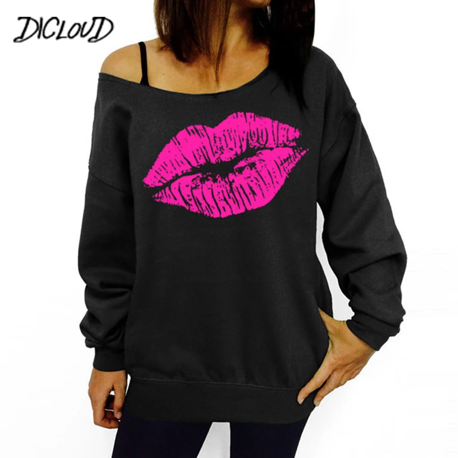  DICLOUD 2018 Plus Size Women Sweatshirts Sexy Red Big Lips Printed Pullovers Off Shoulder Long-Slee