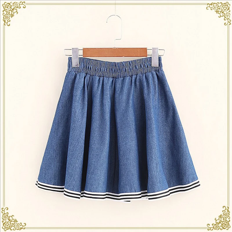 Japan Style Striped Patchwork Denim Pleated Skirts Women Harajuku
