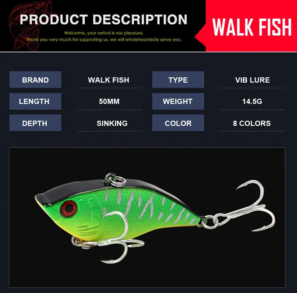 WALK FISH 1 шт. 50 мм 14,5 г тонущие рыболовные приманки, воблеры, жесткая искусственная Вибрирующая Приманка VIB, вся глубина, зимние снасти для подледной рыбалки