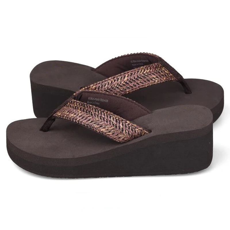 

{D&Henlu}Cane Weaving Flip Flops Women Wedge Waterproof Platform Slides Woman Flip Flops Beach Sandals Ladies Slippers 2019