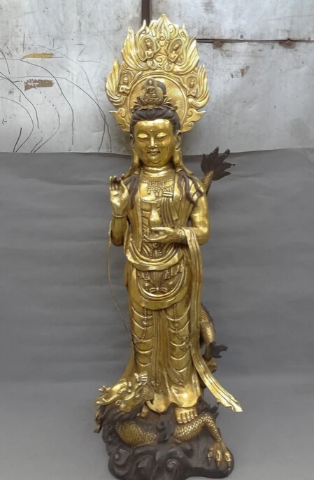 

bi002670 46" Chinese Bronze Gilt Pray Standing KwaYin Guan Yin Pot Ride Dragon Statue