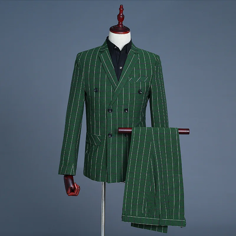 Green Men's Boutique Stripe Wedding Dress Suit Three piece Male Formal