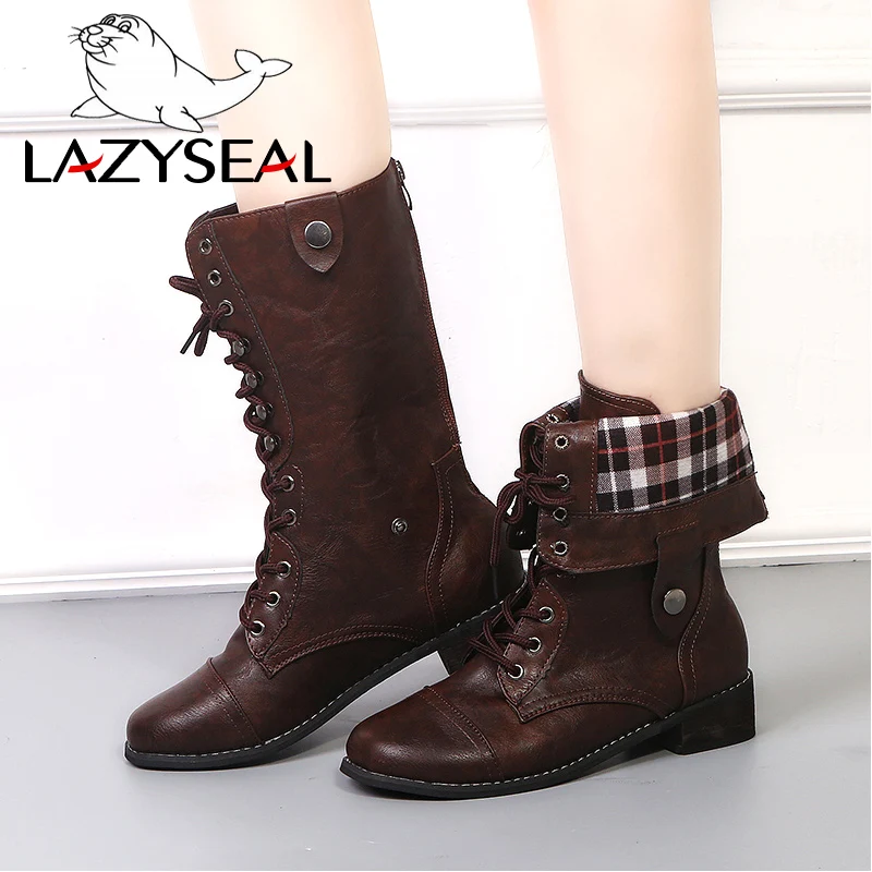 

LazySeal Lace-up Cross-tied Winter Boots Women Shoes Mid-Calf Wood Square Heels Zipper Leather Military Biker Motorcycle Boots