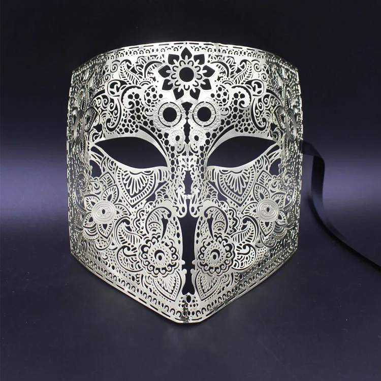 

Gold Silver Color Full Face Bauta Phantom Cosplay Masquerade Mask Black Metal Skull Shield Mardi Gras Joker Party Mask