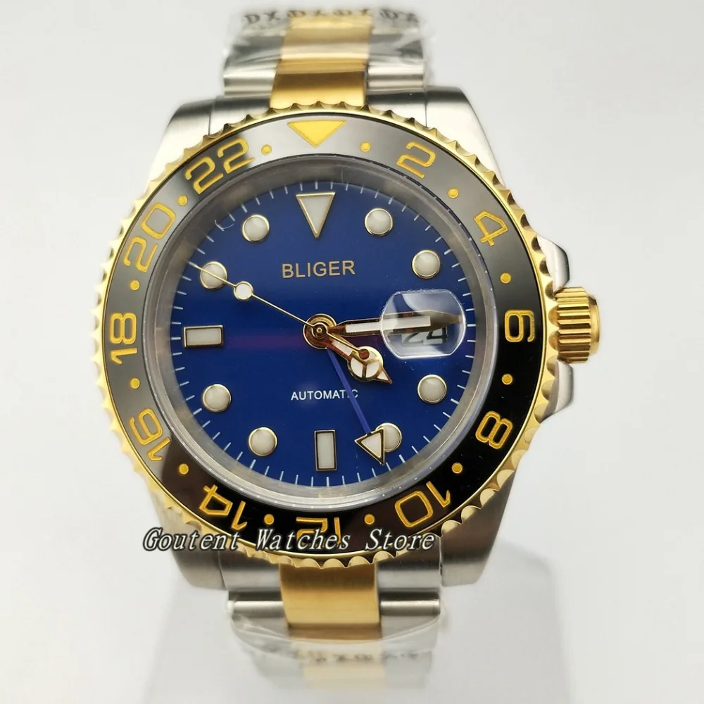 

40mm Bliger GMT Yellow Gold Case Bracelet Blue Dial Steel Automatic Men's Watch