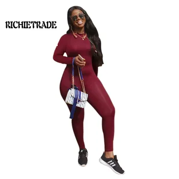 

RICHIETRADE Sexy Woman Jumpsuit Solid Zippers O Neck Long Sleeve And Long Pants