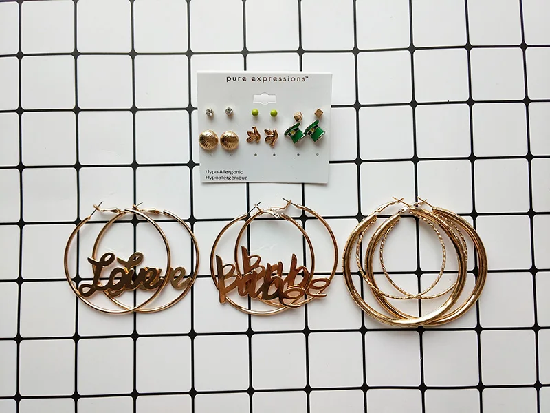 

9 Pairs/Set 2019 New Gold Color Babe Love Hoop Earrings Statement Crystal Ball Bird Hat Circle Earrings Set Jewelry for Women