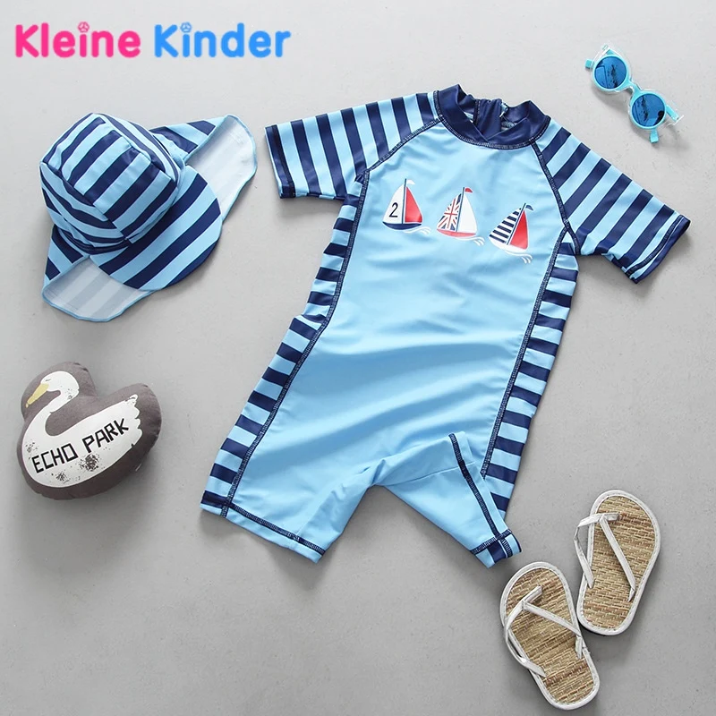 

Short Sleeve Boys Swimsuit Kids Swimwear Boys Swimming Suit For children Bathing Suits Stripes Sail Boat Blue One Piece Swimsuit