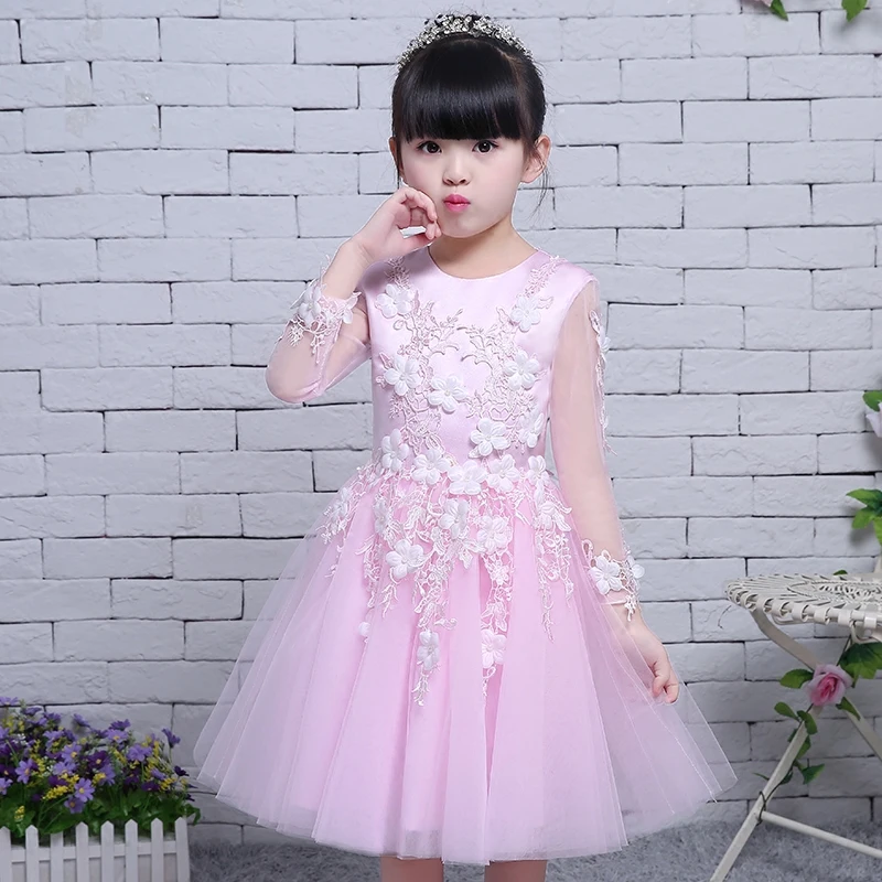 

2019 Sweet girls dress princess dress children party wear long flower girl wedding dress pink color Dress Romantic For Birthday