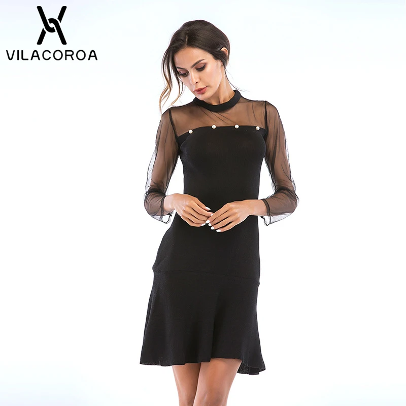 

NEW Sexy Black Hollow Mesh Stitching Women's Dresses Vestidos Thin Long Sleeve Fishtail Dress For Women Mini Party Dress vestido