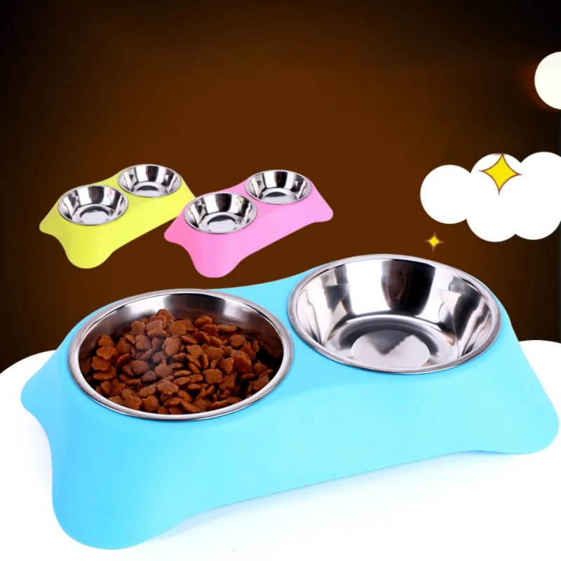 Pet Собаки Кошки Нержавеющая сталь двойной чаши + колодок щенок кошки Еда подачи воды посуду для кормления собак Еда Чаша животных