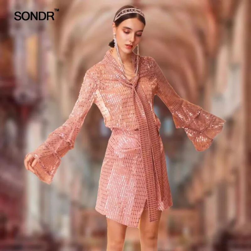 SONDR Sequin Lace Up Twee Delige Set vrouwen Suits Flare Mouw Ruches Blouse Hoge Taille Asymmetrische Mini Rok Lente 2019