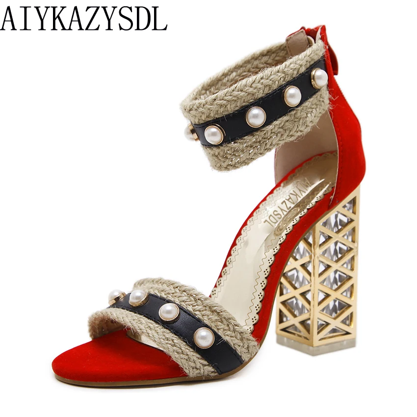 baratas AIYKAZYSDL Bloco Transparente Clara Espessa sapatos de Salto Alto Das Sandálias Das Mulheres de Palha de Cânhamo Corda Do Grânulo com Tira No Tornozelo Sapatos Cortar Saltos Partido