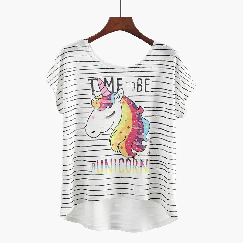 RAISEVERN Summer Unicorn T-shirt Women Asymmetric Tshirt Short Sleeve Casual Top Fashion Sika Deer&Birds Cartoon Print Tee shirt RAISEVERN Summer Unicorn T-shirt Women Asymmetric Tshirt Short Sleeve Casual Top Fashion Sika Deer&Birds Cartoon Print Tee shirt