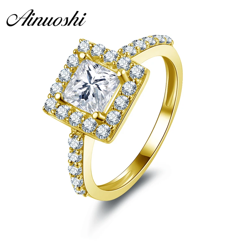 

AINUOSHI 10K Solid Yellow Gold Engagement Rings 1 ct Princess Cut Sona Simulated Diamond Wedding Band Jewelry Women Halo Ring