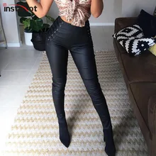 InstaHot штаны-карандаш с боковой шнуровкой и молнией сзади, женские сексуальные флисовые леггинсы с высокой талией, эластичные осенне-зимние штаны из искусственной кожи