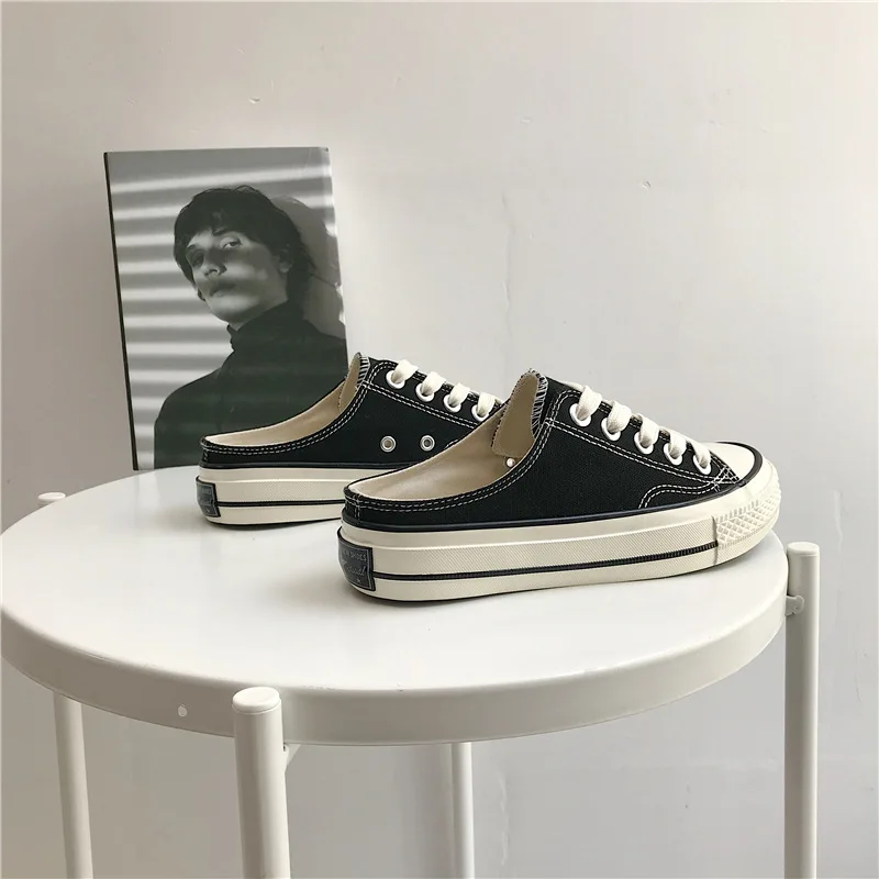 

2019 spring and summer new fashion wild set foot lazy slippers half drag canvas shoes women