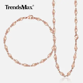 

Trendsmax 4mm Jewelry Set for Women 585 Rose Gold Necklace Bracelet Bud Link Chain Women's Fashion Jewelry Gift for Women GS256