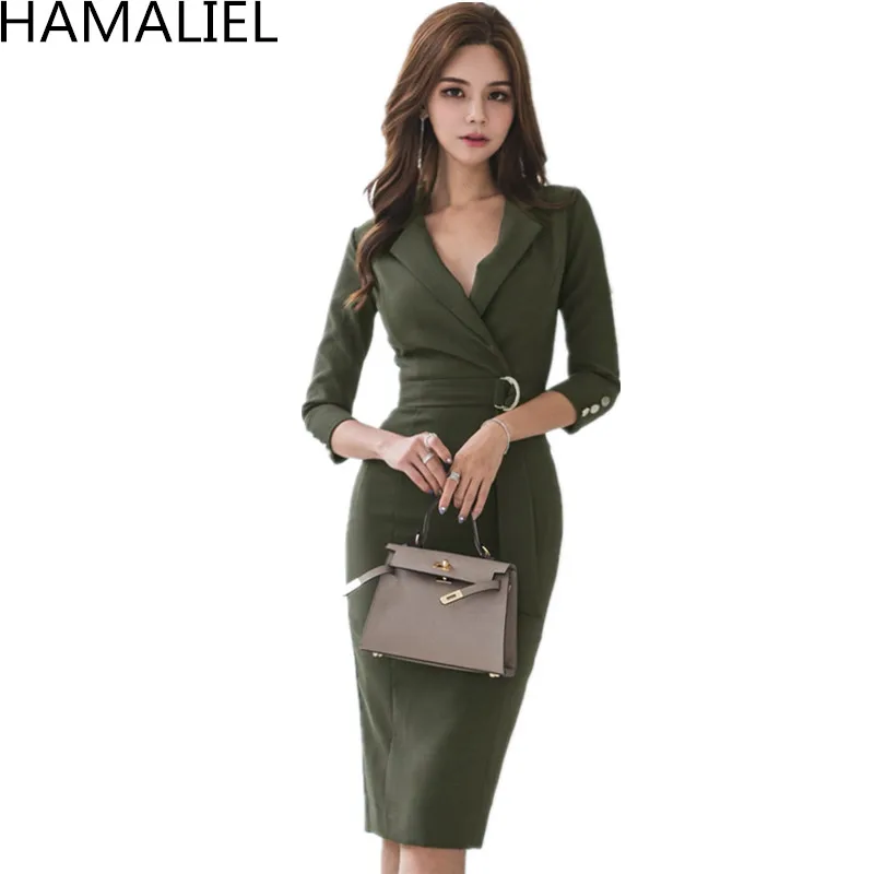 HAMALIEL, деловое армейское зеленое женское платье-карандаш, корейское, весна-осень, облегающее, с зубчатым воротником, офисное платье, облегающее, для работы