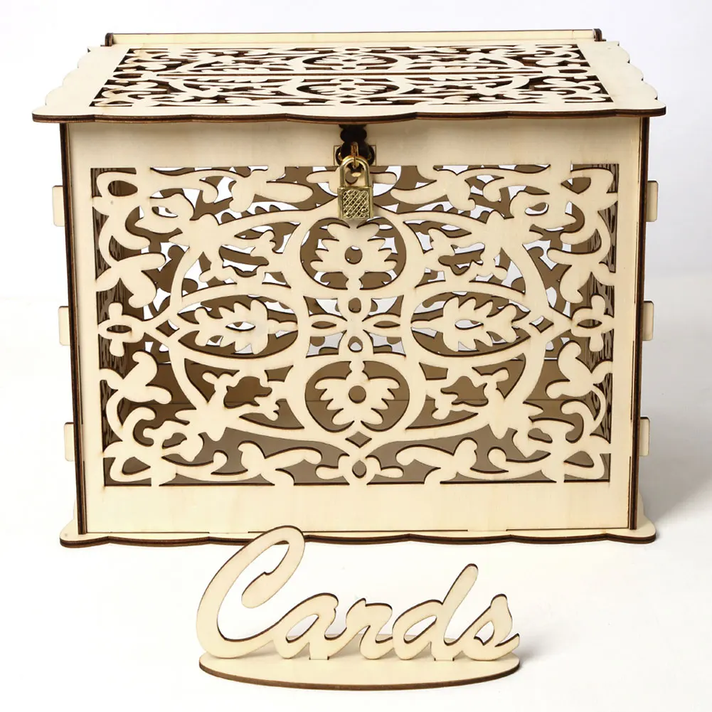 

DIY Wooden Wedding Card Box with Lock and Slot for Rustic Wedding Decoration QJ888