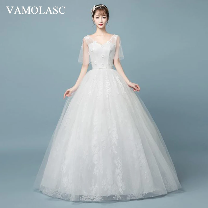 

VAMOLASC Flowers V Neck Lace Appliques Ball Gown Wedding Dresses Bow Sash Half Sleeve Backless Bridal Gowns