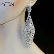 Chran Banquete de Boda Nupcial Silver Tone Rhinestone Crystal Aretes Cuelga 5.1 “Araña de Oro Pendientes de Gota Plateado Joyería LE806