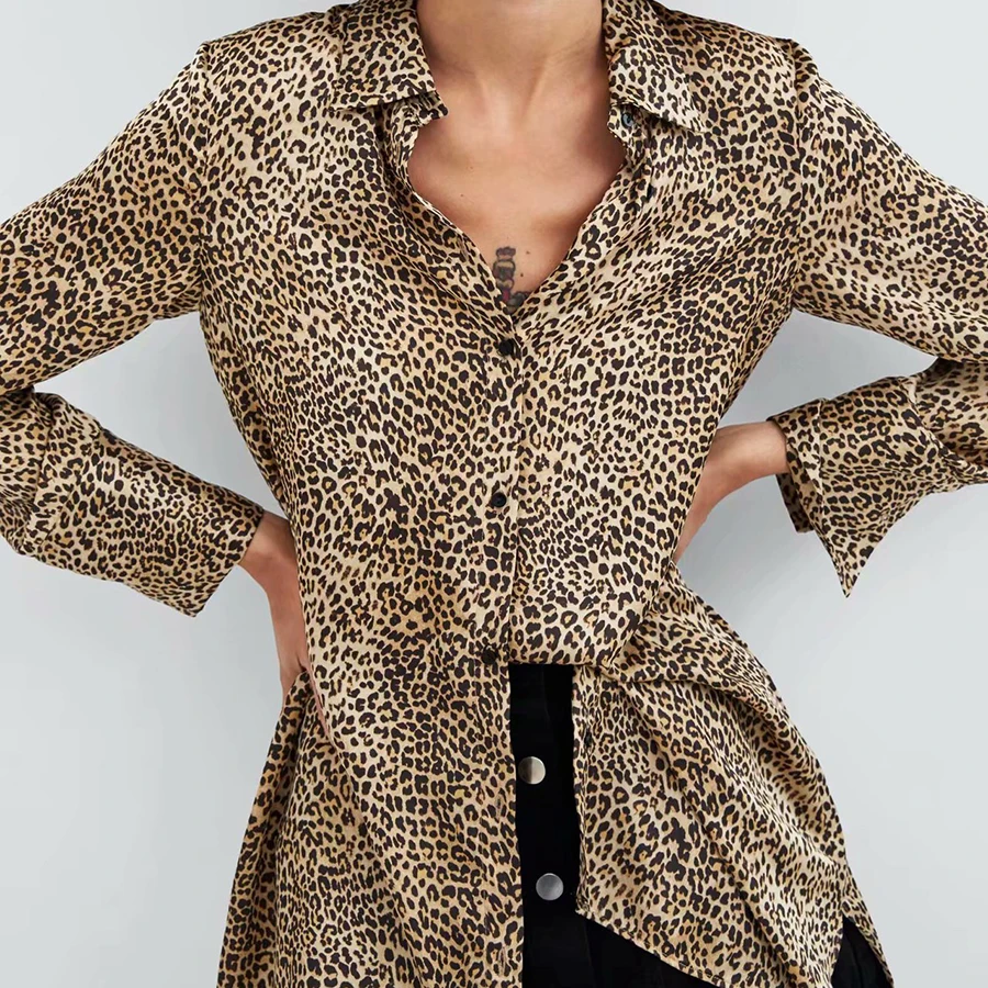 Кнопка Короткие Leopard Женские рубашки полный Урожай для женщин Femininas Elegante