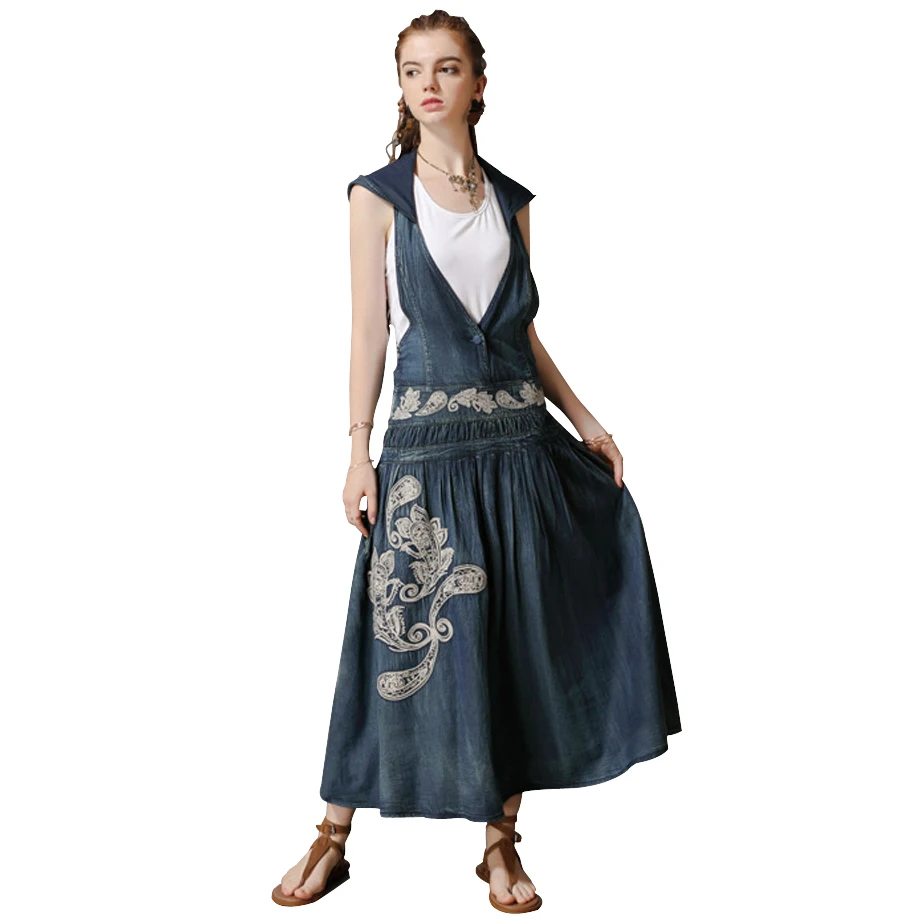 Women summer dress 2019 new vintage embroidery maxi dress o-neck sleeveless denim dress hooded dresses pocket woman party night