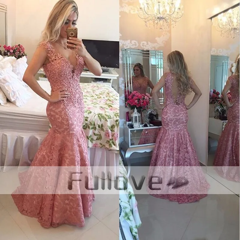 

Fashion Coral Lace V-Neck Mermaid Evening Dresses Long 2019 Appliques See Through Occasion Prom Gowns Vestido De Festa Caftan
