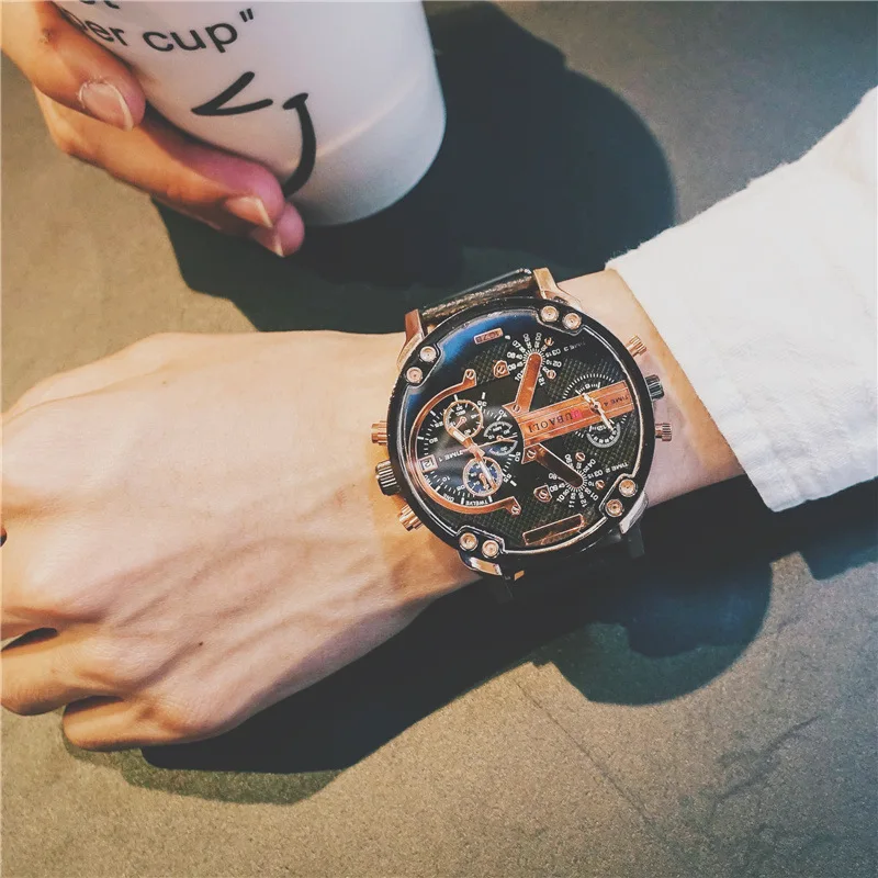 Billig Große Zifferblatt Blau Ray Dual Display Armee Mann Uhren Schwarz Braun Leder Band Stahl Shell Männer Männlichen Quarz Uhr Armbanduhren uhr