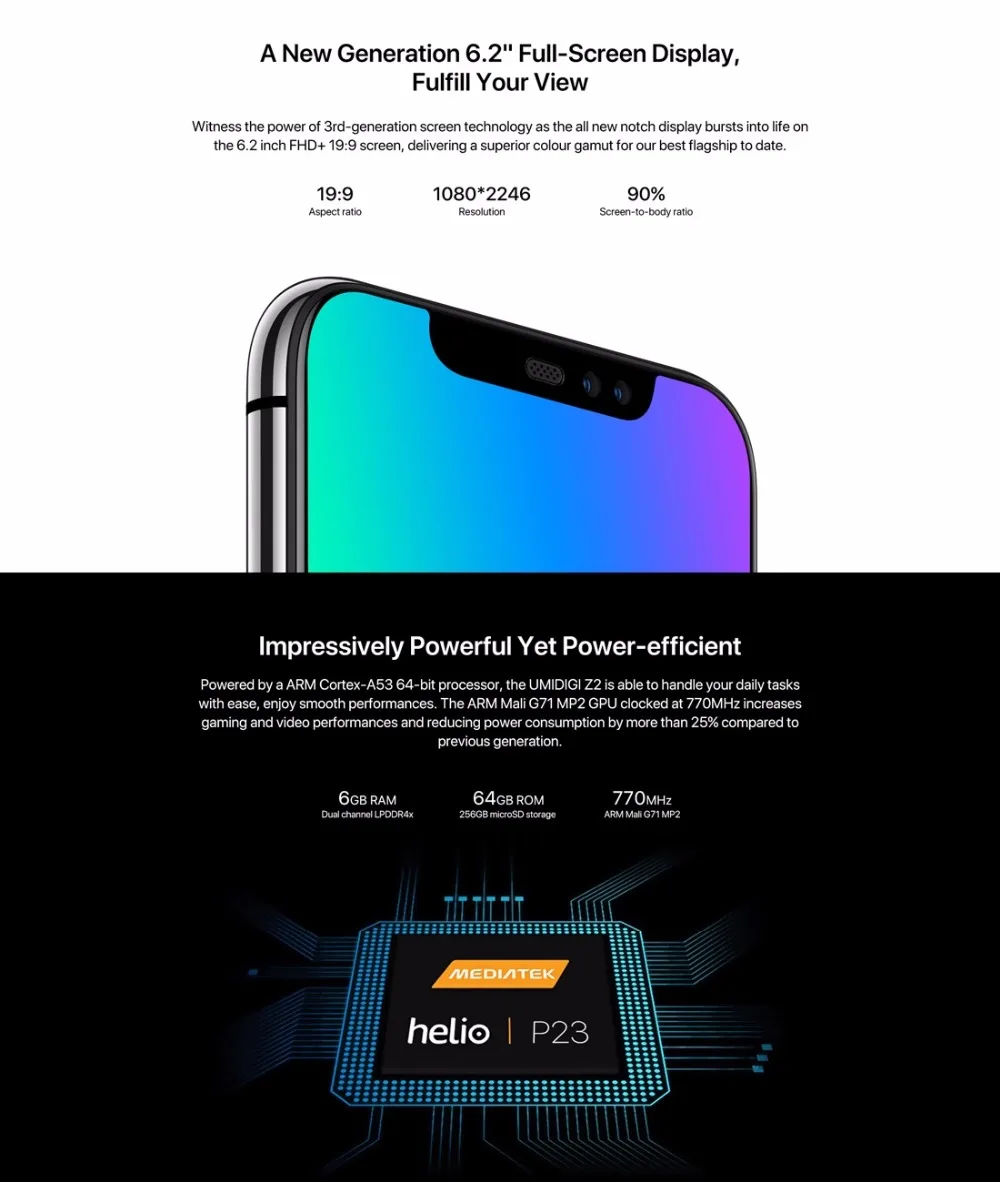 UMIDIGI Z2 Глобальный Версия Helio P23 6 ГБ Оперативная память 64 Встроенная 2 &quotFHD + полный