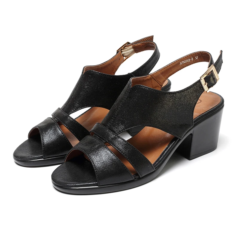 AIMEIGAO High Quality Peep Toe Sandals Women Square Med Heels Sandals Summer Shoes Soft Leather Comfortable Women Shoes