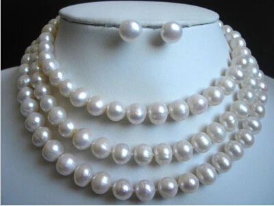 

Jewelry 001309 9-10MM White Freshwater Cultured Pearl Necklace silver earrings set 50
