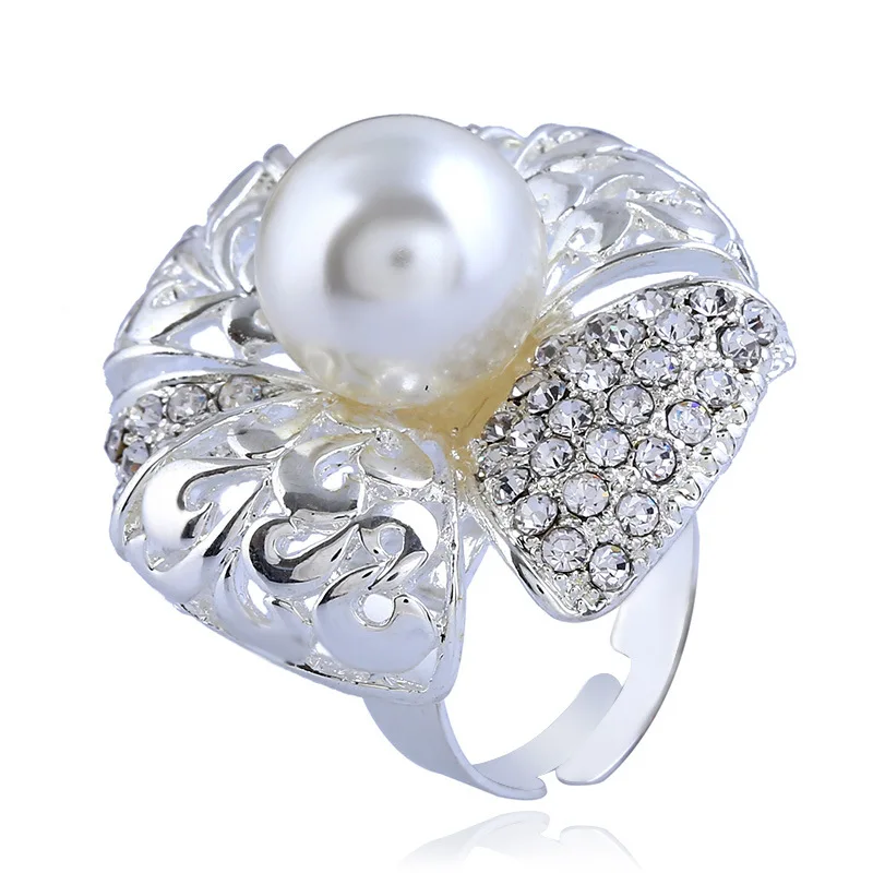 

Shiny Silver Color Pearl Beads adjustable Big Flower Shaped full of rhinestone chunky ring for women girls fashion jewelry